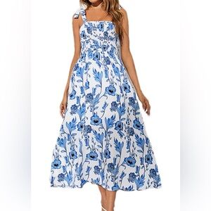 Blue Floral Tie-Shoulder Maxi Dress - White & Blue